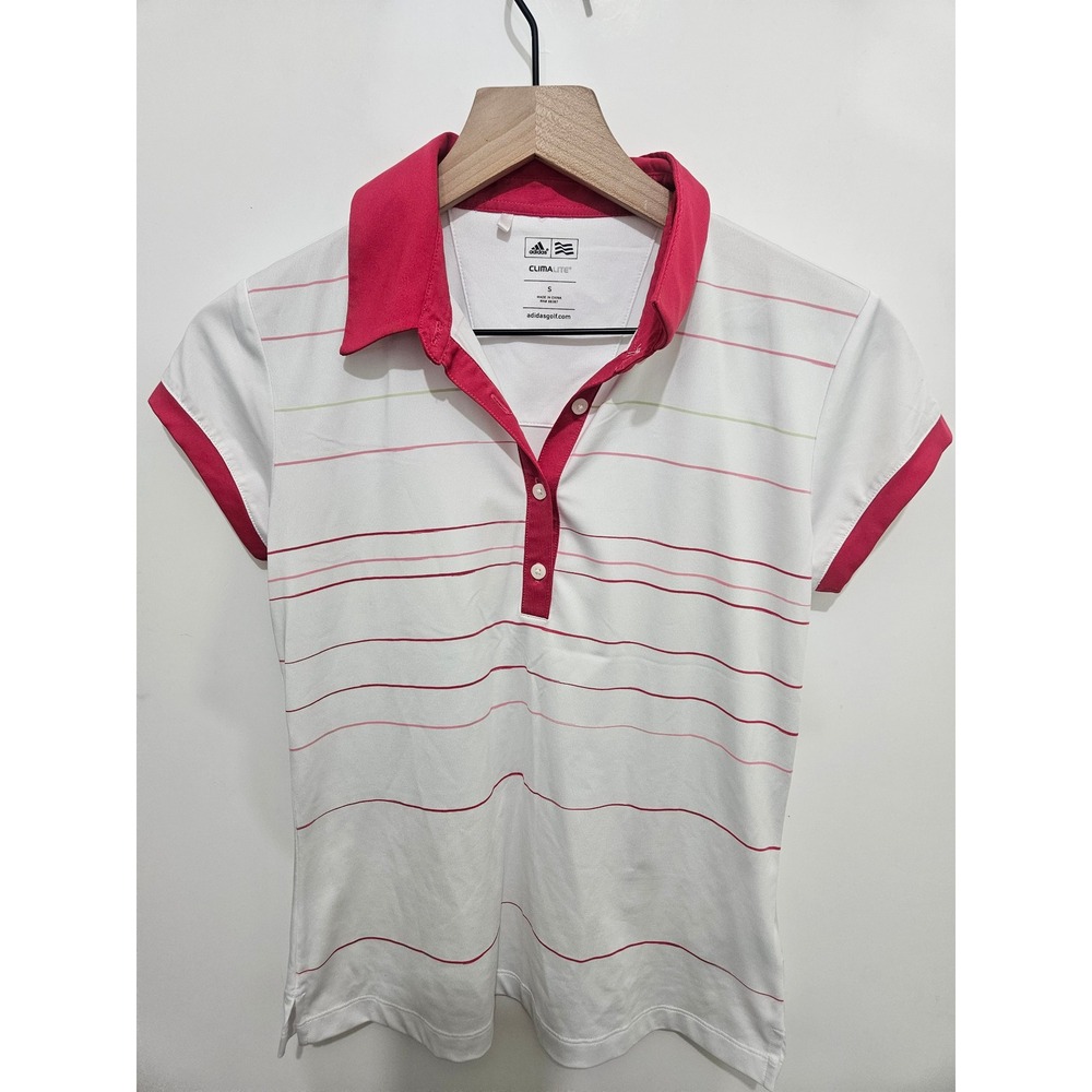 Adidas Golf Climalite Women's Pink Striped Polo Shirt White Short Sleeve Small‎